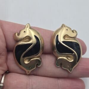 Vintage Abstract Erwin Pearl Gold Tone Clip-On Earrings Seahorse Black Enamel